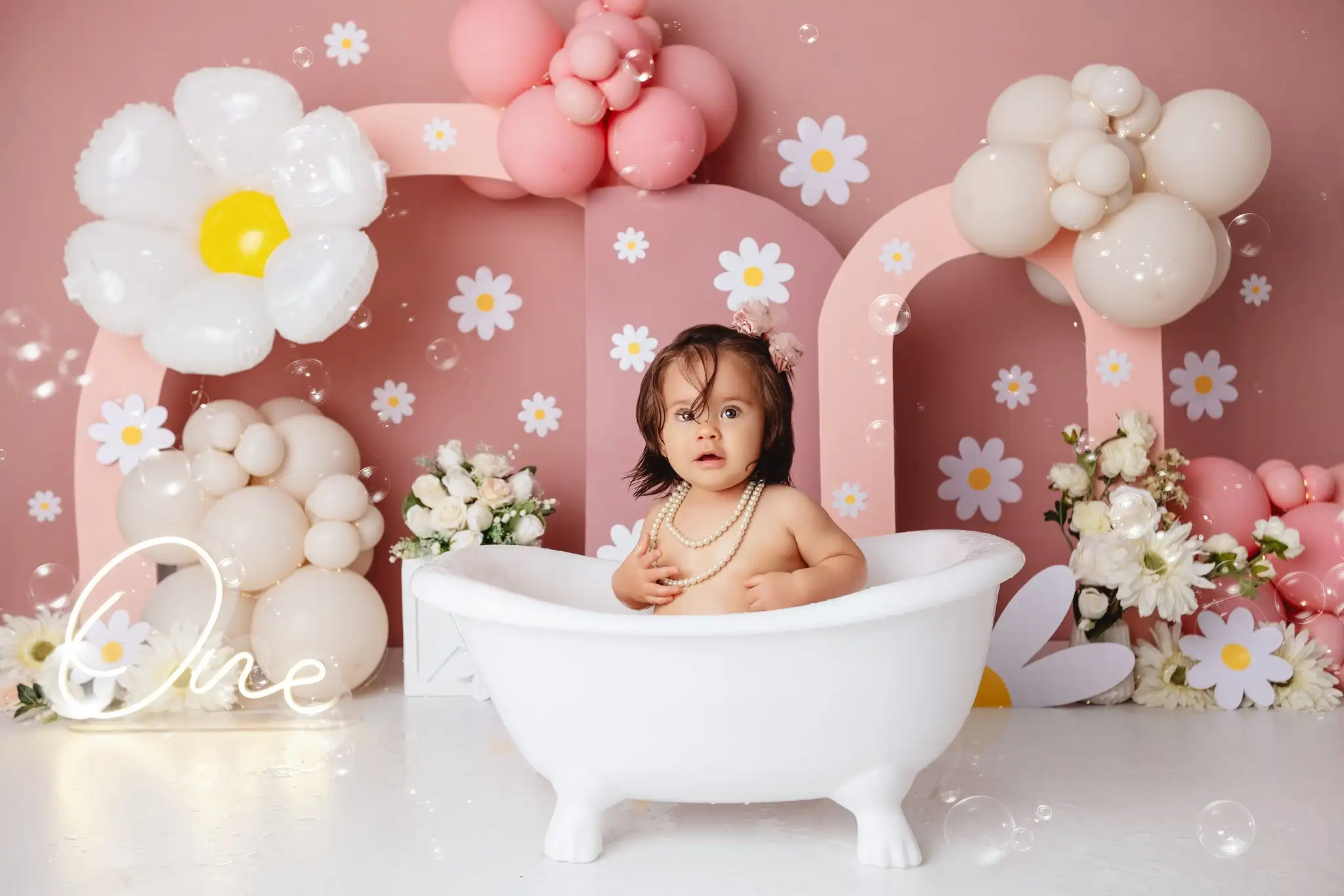 Boho Pink Daisies Arch Backdrops Kids Newborn Photography Child Adult Photocall Props Peach Balloons Backgrounds