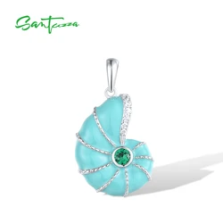 SANTUZZA Pure 925 Sterling Silver Pendant for Women Sparkling Green Spinel Enamel Cute Sea Snail Trendy Party Gift Fine Jewelry