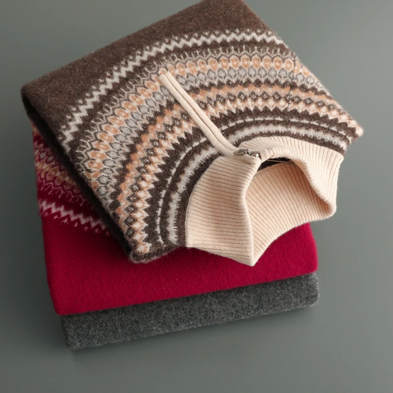 Autumn And Winter New 100% Pure Wool Men's Jacquard Semi-Zipper Pullover Loose Casual Knitting Bottoming Shirt