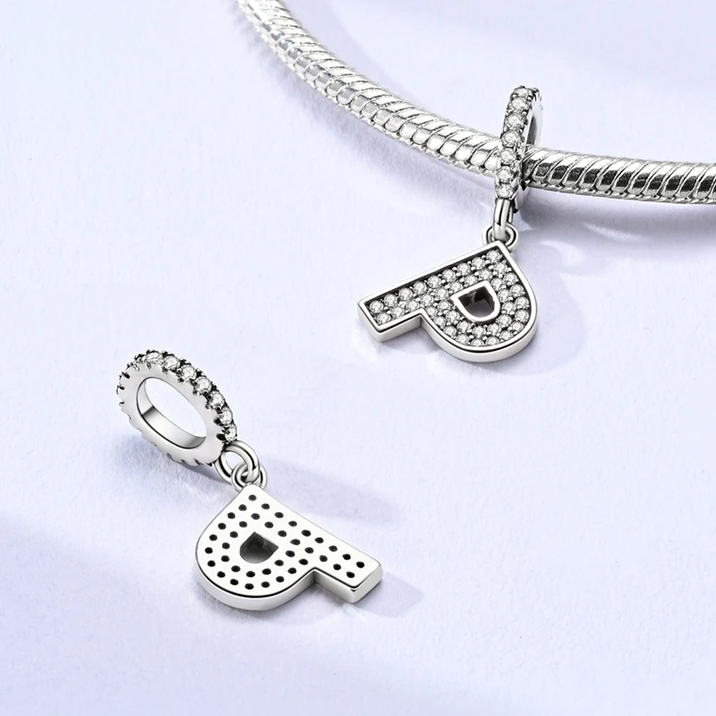 

925 Sterling Silver Letters Charms Bead CZ Zircon P Alphabet Dangle Fit Original Bracelet Women Jewelry Gift