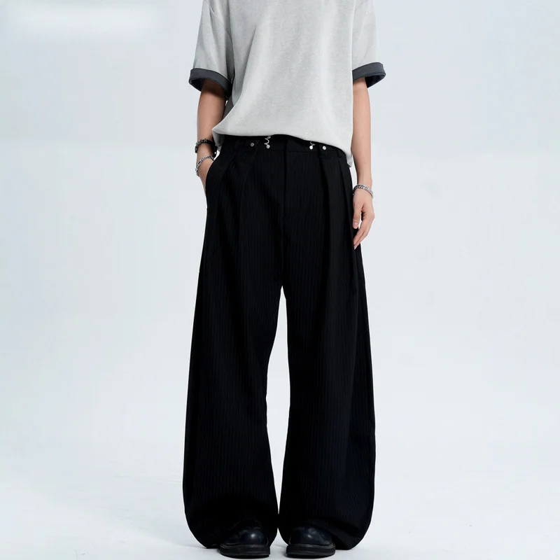 QICHE 2026 Men Women American Old‑Money Black Striped Curved‑Blade Suit Pants Draped 3D Loose Wide‑Leg Slim‑Look Casual Trousers