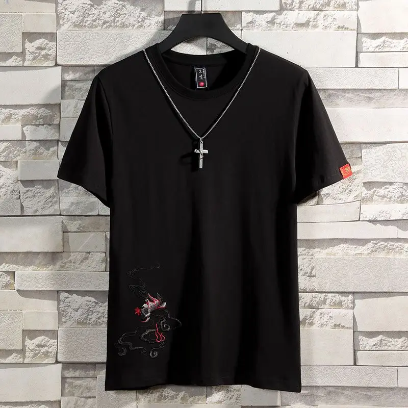 New Summer Chinese Style Embroidered T-shirt Men Half-sleeved Loose Casual Top - Image 2