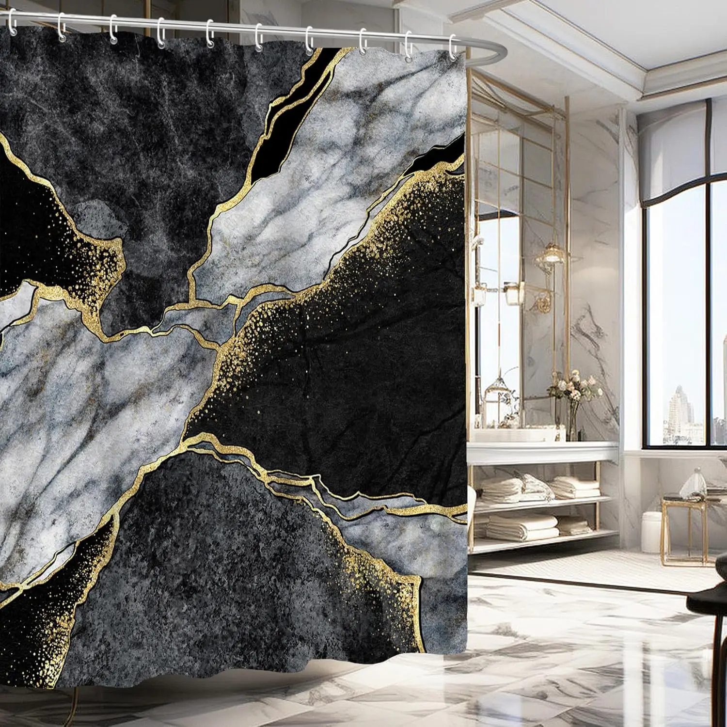 

Gold Black Marble Shower Curtain, Luxury Abstract Grey Design, Modern Fabric Bath Set with Hooks