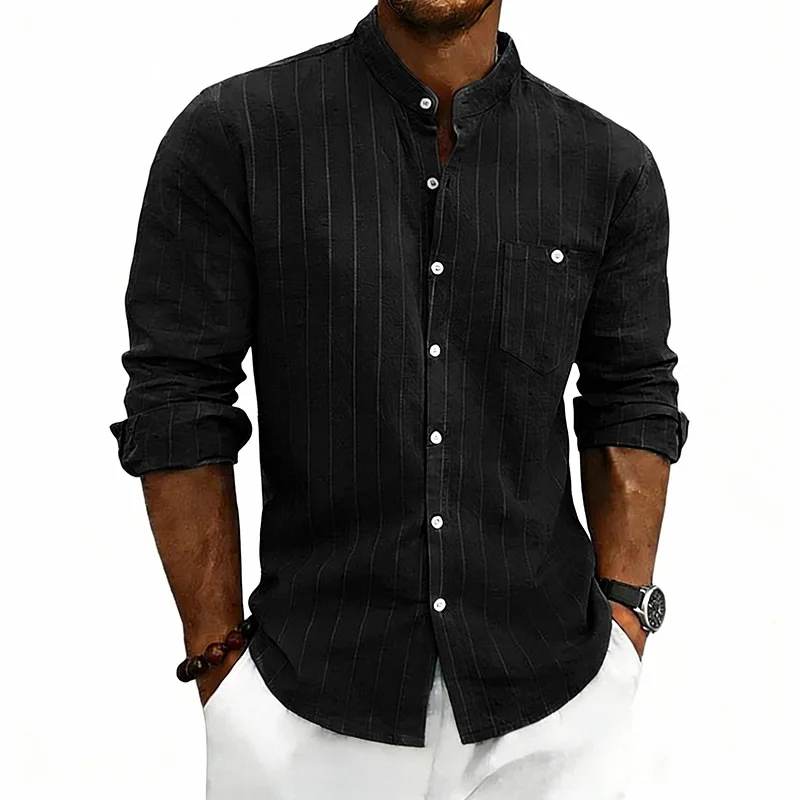 Men Striped Jacquard Linen Shirt Stand Collar Long Sleeve Pocket Design Loose Fashion Commuter Wear Spring Summer