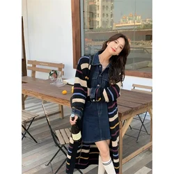 Contrast Stripe Long Sweater Coat Women's Spring and Autumn 2023 New Loose Korean Knitted Cardigan Outerwear Academy Style Butto