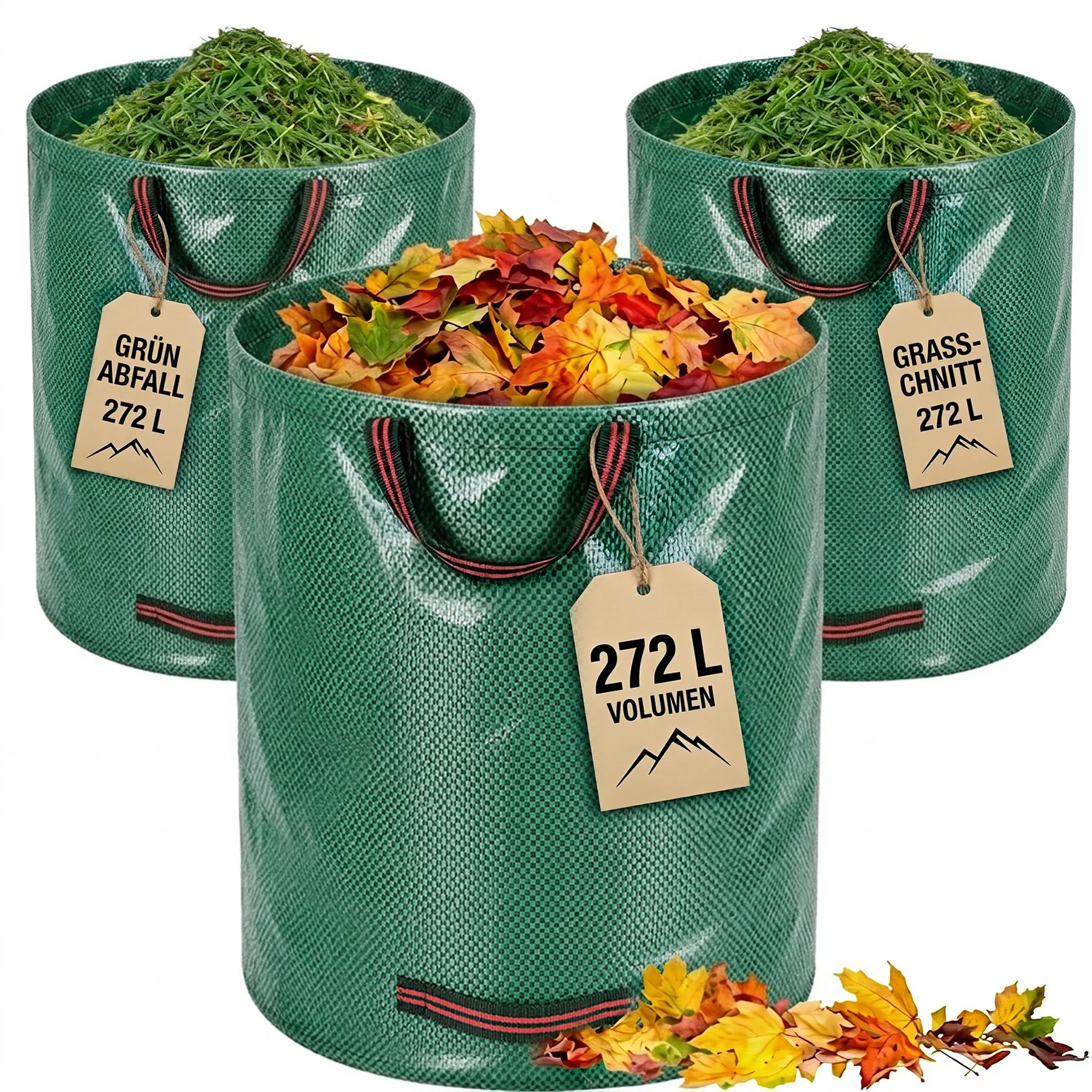 Gartenabfallsäcke 272 L x 3 Gartensäcke strapazierfähig mit Griffen wiederverwendbare Gartensäcke faltbare Camping-Recyclingbeutel für Blätter, Müll, Schmutz, Gartenmüllsäcke, wasserdicht