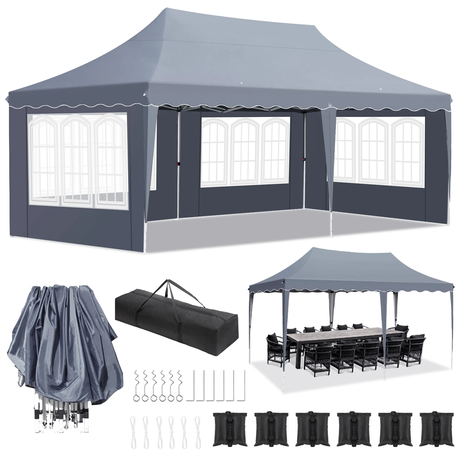 NONE Pavillon Popup Pavillon 3x6m wasserdicht zusammen klappbarer Pavillon Garten zelt Party zelt mit 4 Seitenwänden 6 Sandsack uv50 höhen verstellbar 4