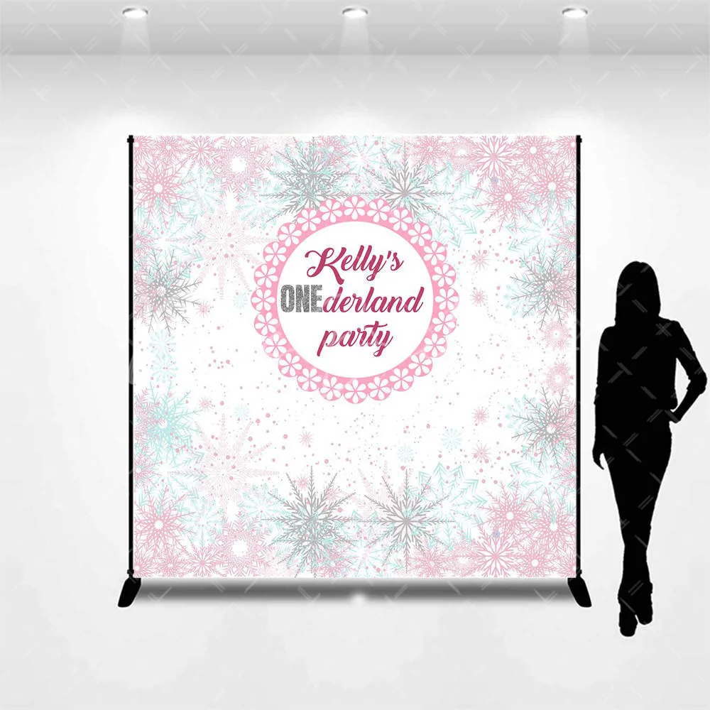 Customized Name Pink Snowflake 1st Birthday Backdrop for Girl, Winter Frozen Photography Background Party Wall Decor view 2