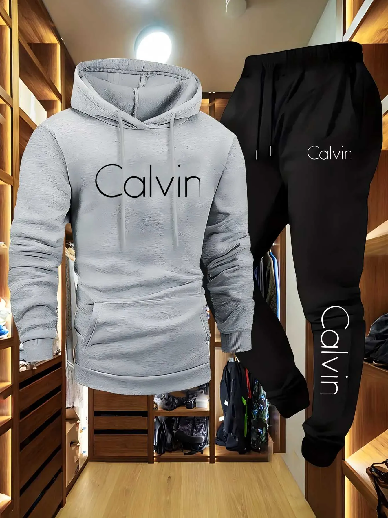 طقم ملابس رياضية شتوية للياقة البدنية والشارع مكون من قطعتين للرجال - سترة بغطاء للرأس بشعار أيقونة كبيرة الحجم وسراويل للركض، ملابس رياضية عالية الجودة