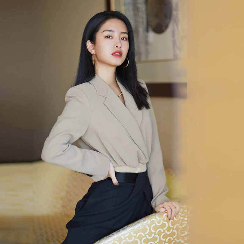 Chic Women's Suit Jacket Spring Commute Style Long Sleeve Straight Cut Pant Suit Single Button Closure Pure Color