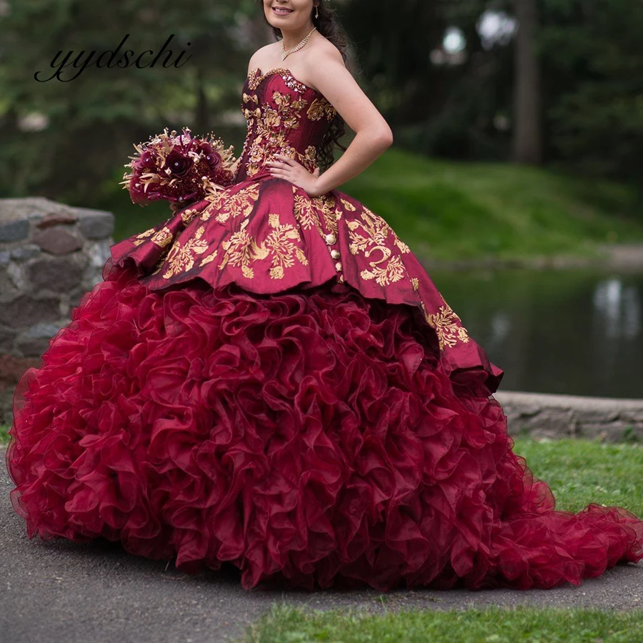 Strapless Quinceanera Dress Party Elegant Court Train Burgundy Embroidery Evening Prom Dress for Women Tulle Applique Ball Gown