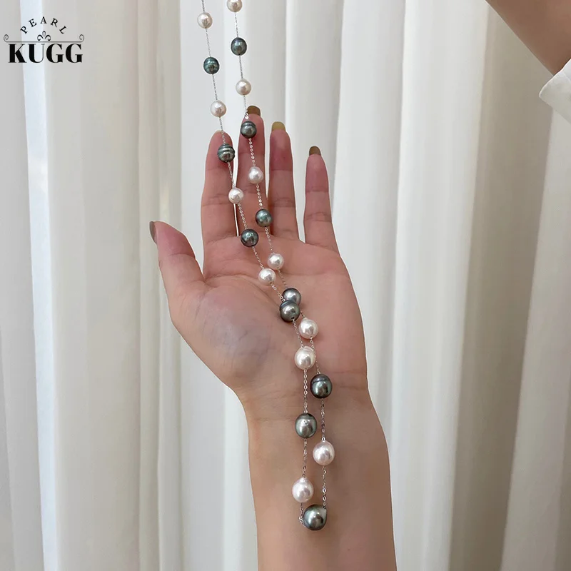 

KUGG PEARL 18K White Gold Necklace 80cm Luxury 8-9mm Natural Tahiti Black and Akoya Baroque Pearl for Women Senior Banquet