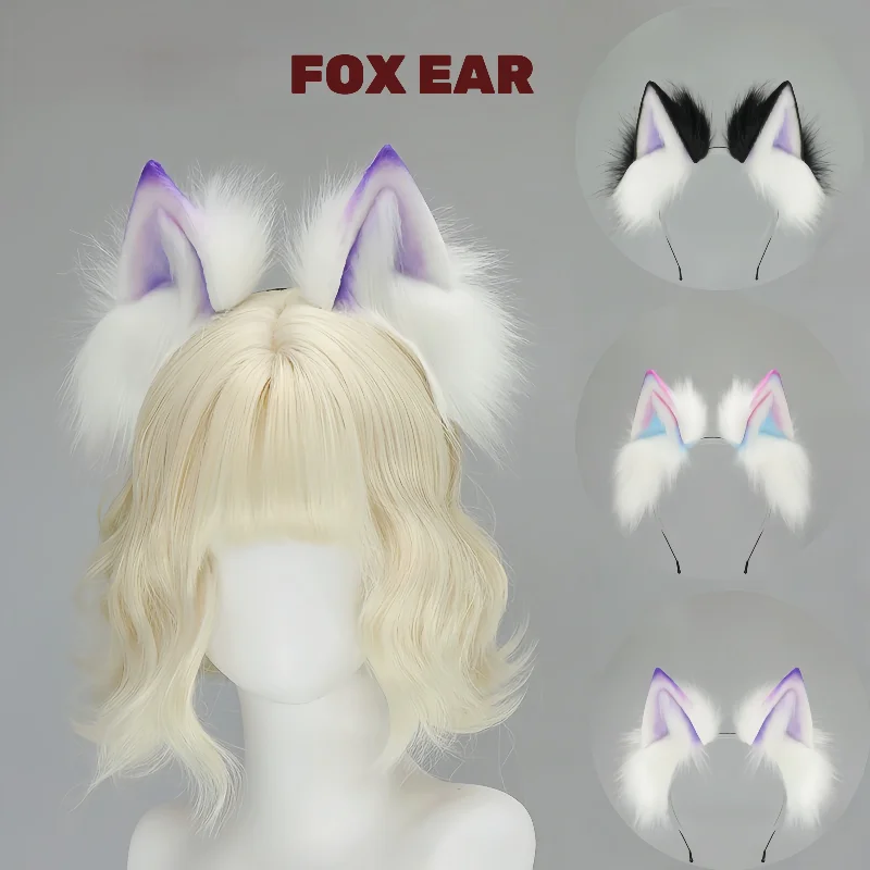 Handmade Colorful Gradient Cat Ears Fox Ears Wolf Ears Headband Dark Style Halloween Animal Ear Accessory for Cosplay