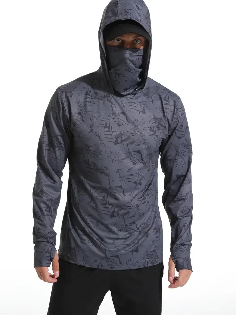 UPF50+ Sun‑Protective Men Fishing Hoodie Grey Leaf Branch Pattern Face Gaiter Quick Dry Long Sleeve Outdoor Fishing Tee