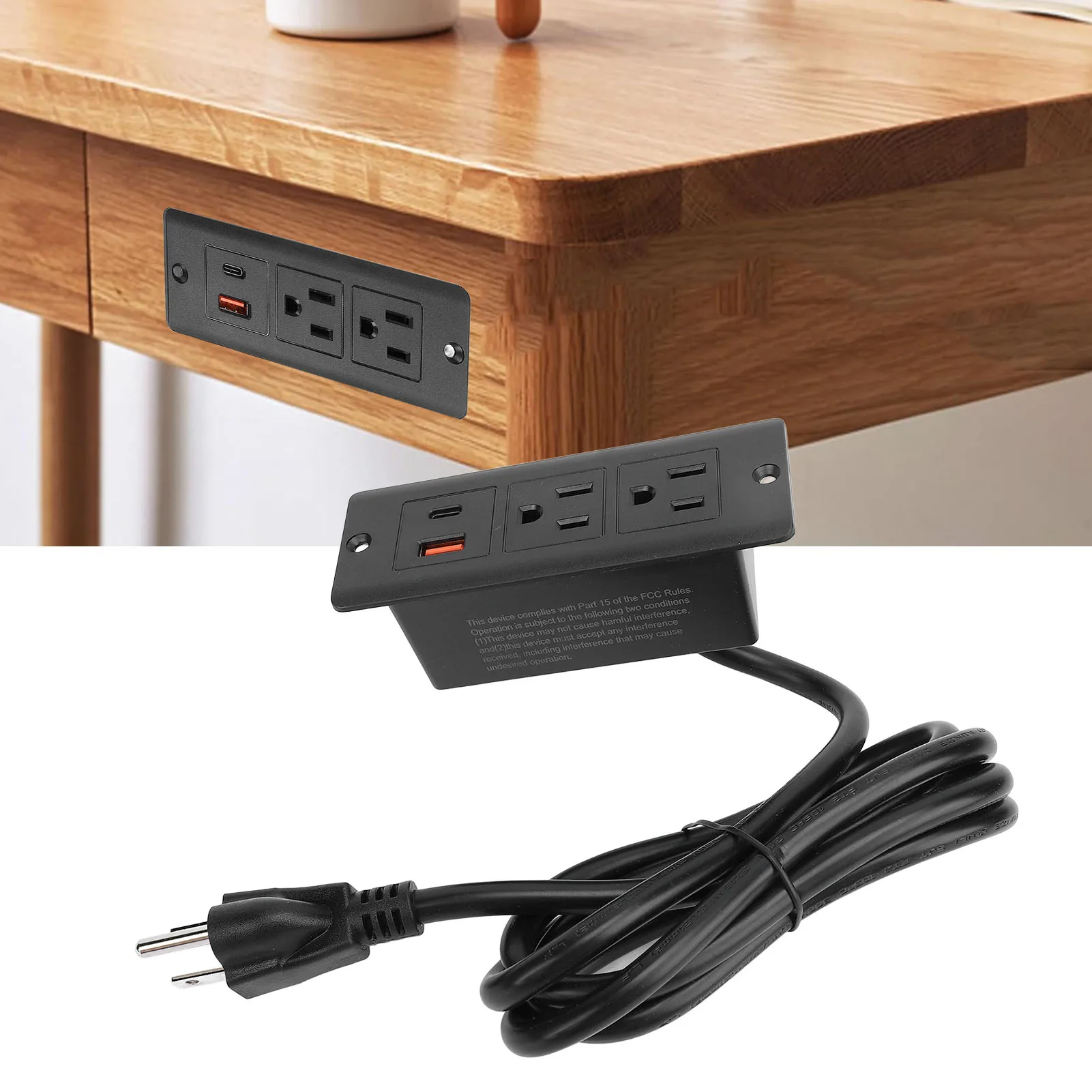 Recessed Power Strip 2 Outlets 1 USB C 1 USB A Ports Fast Charging Desk Outlet with 1.5m Cord for Furniture 12A