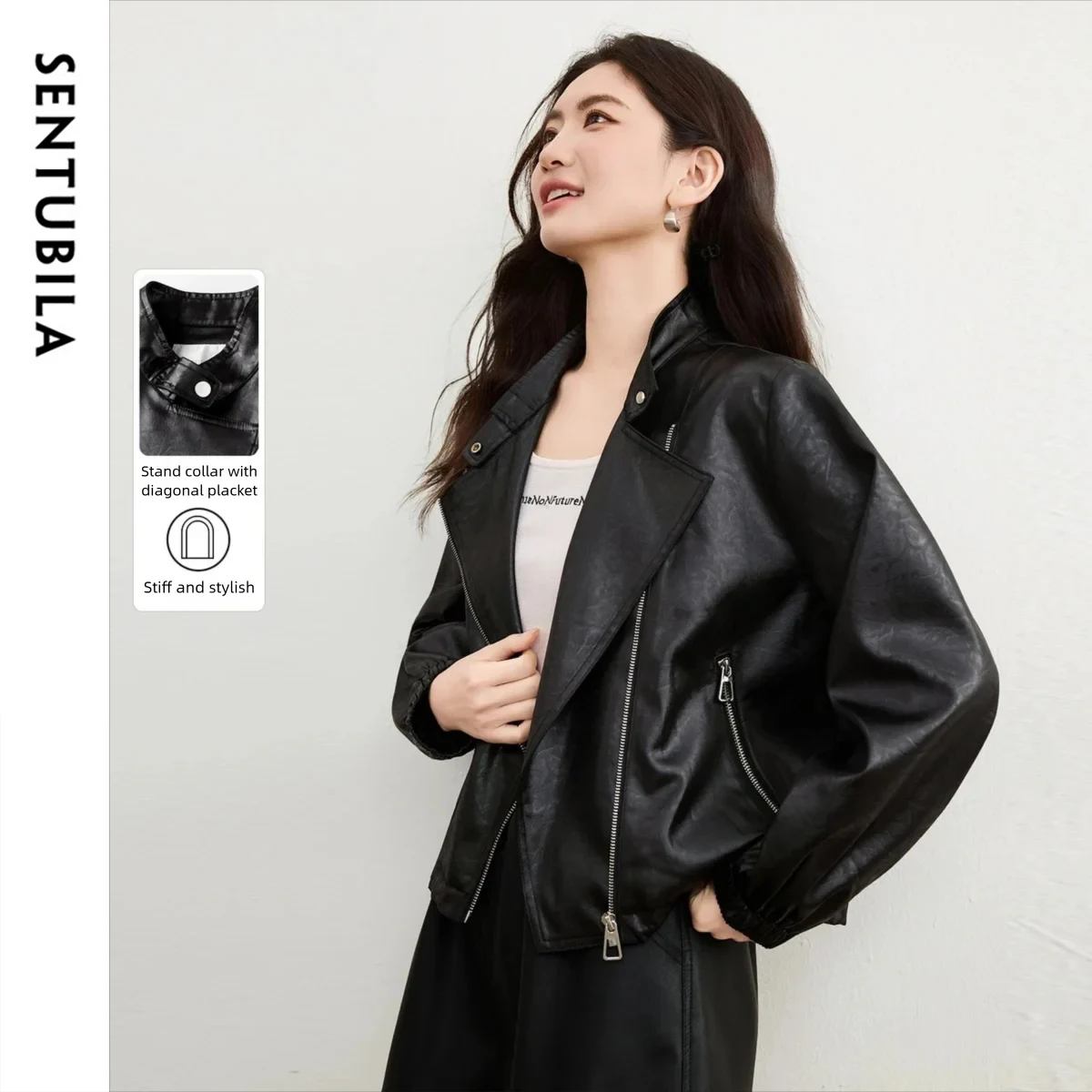 

SENTUBILA Women's Solid PU Leather Jacket Autumn 2025 New Stand Collar Loose Fit Long Sleeve Casual Short Coat W53WB3541