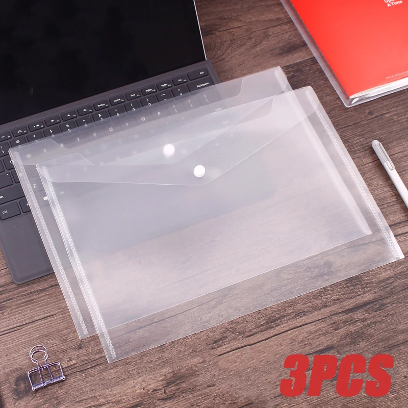 1-3PCS A4 Poly Envelope Folder with Snap Button Clear Waterproof Plastic Document Protector for School Home Office Organization