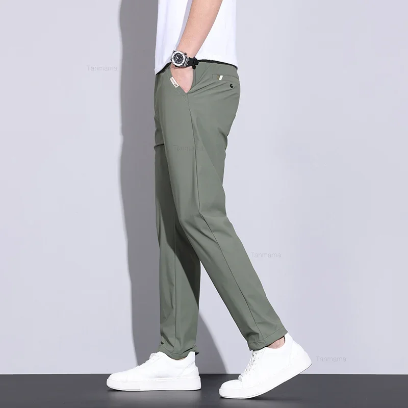 Summer Thin Men\'s Ice Silk Casual Pants High Elasticity Soft Cosy Business Straight Trousers High Quality Man Clothing Khaki