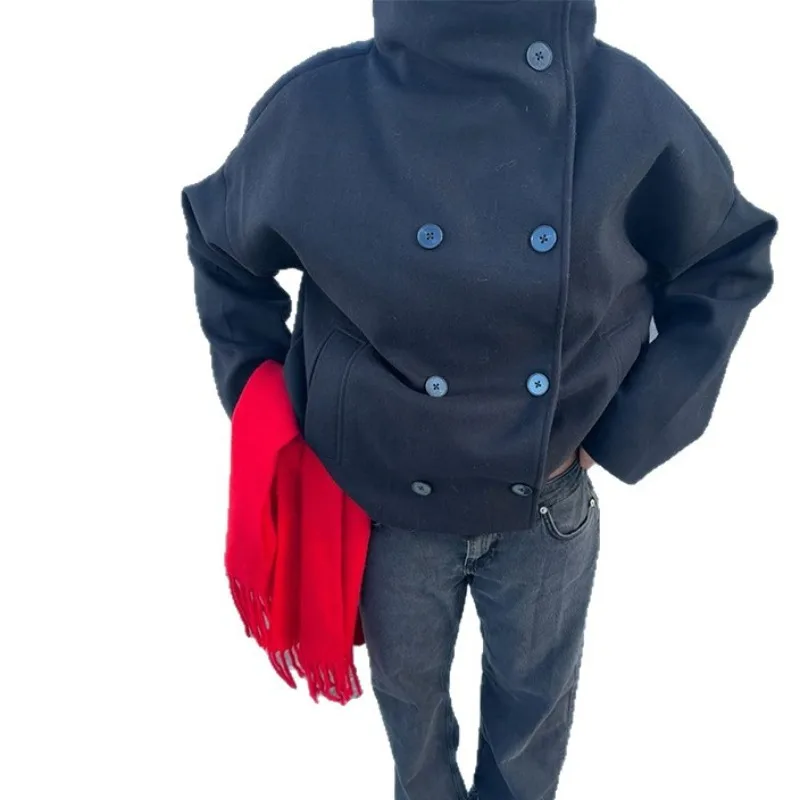 

Elegant Women's Coat High Stand Collar Full Sleeve Double Breasted Solid Female Coats 2025 Autumn Fashion High Street Lady Top