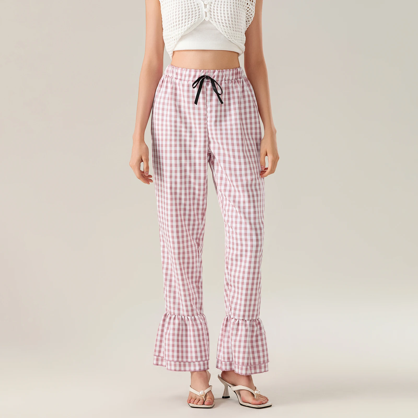 Kadın Ekose Flared Pantolon Katmanlı Fırfırlı Bacaklar Yay Elastik Kemer Tam Boy Pull-On Pantolon