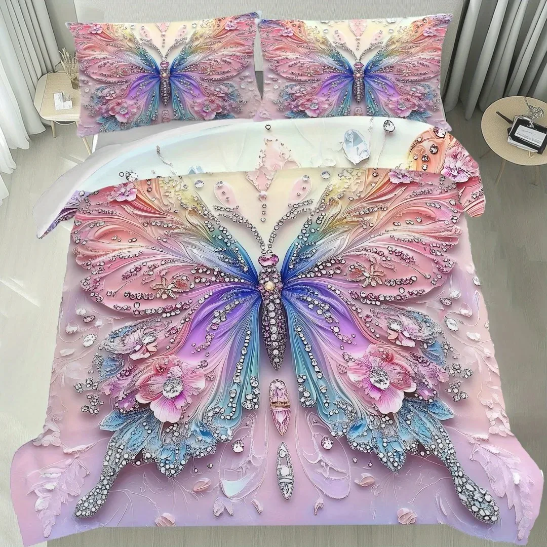 3pcs Pink Purple Bedding Set Blue Fantasy Style Butterfly Print Comfortable King Queen Twin Single Size Bithday Gift for Sister