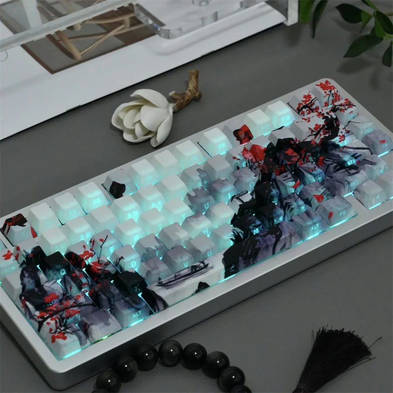 130 Key Ink Art PBT Keycaps Cherry Profile Side-Legend Shine-Through Dye-Sublimation for MX Mechanical Keyboard 60% 65% 75% 100%