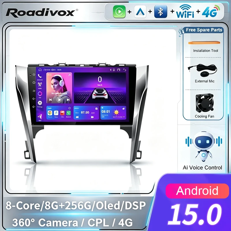 roadivox 4G AI VOICE Android car radio for Toyota Camry 2012 2015 stereo GPS Navigation video Multimedia Player tape recorder