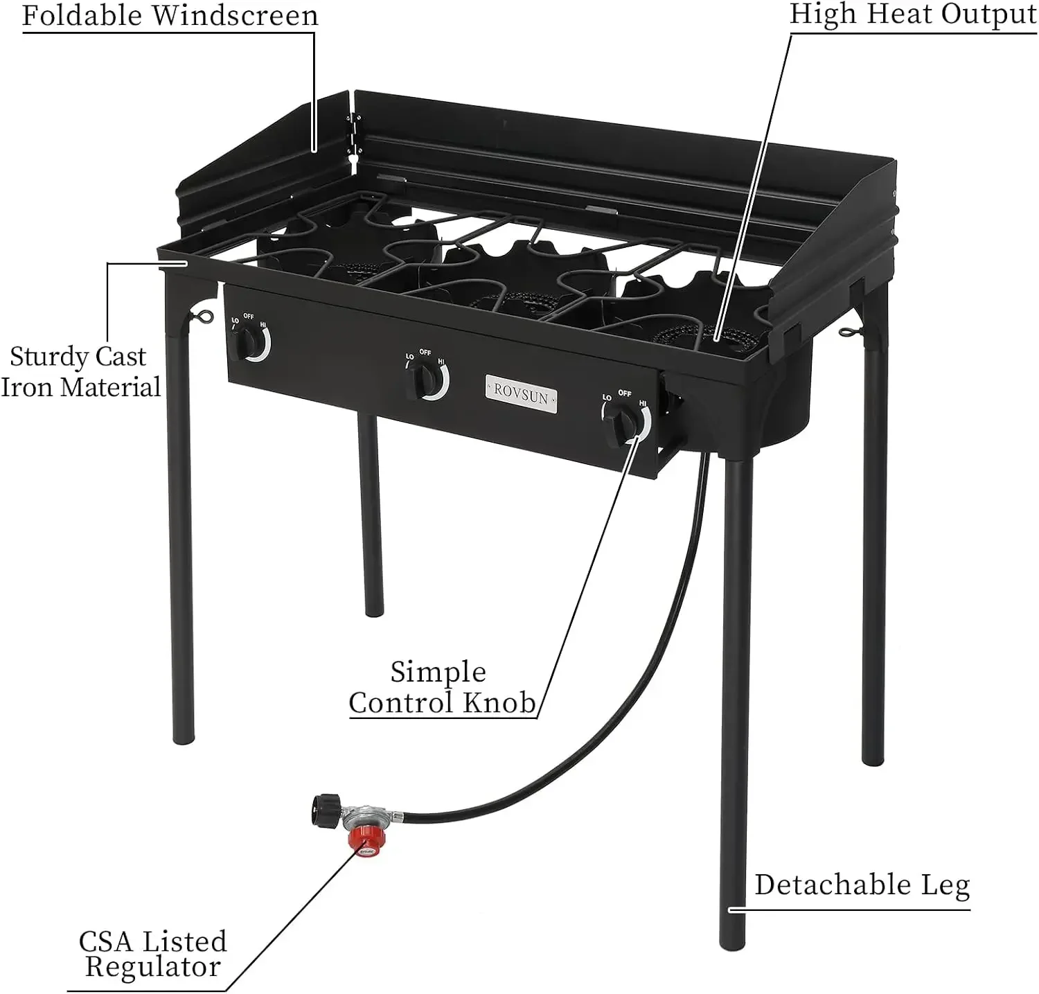 3-Burner Outdoor Portable Propane Burner Stove 225,000-BTU Gas Cooker with Windscreen & Carrying Bag, Heavy Duty Iron Cast Patio