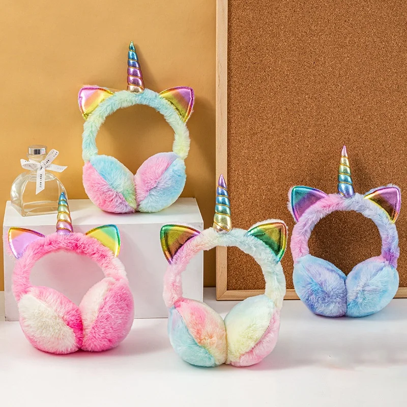Children Winter Warm Colorful Unicorn Thermal Earmuffs Tie-dye Fur Ears Cover Kids Ski Snow Soft Plush Fluffy Cat Ears Earflap