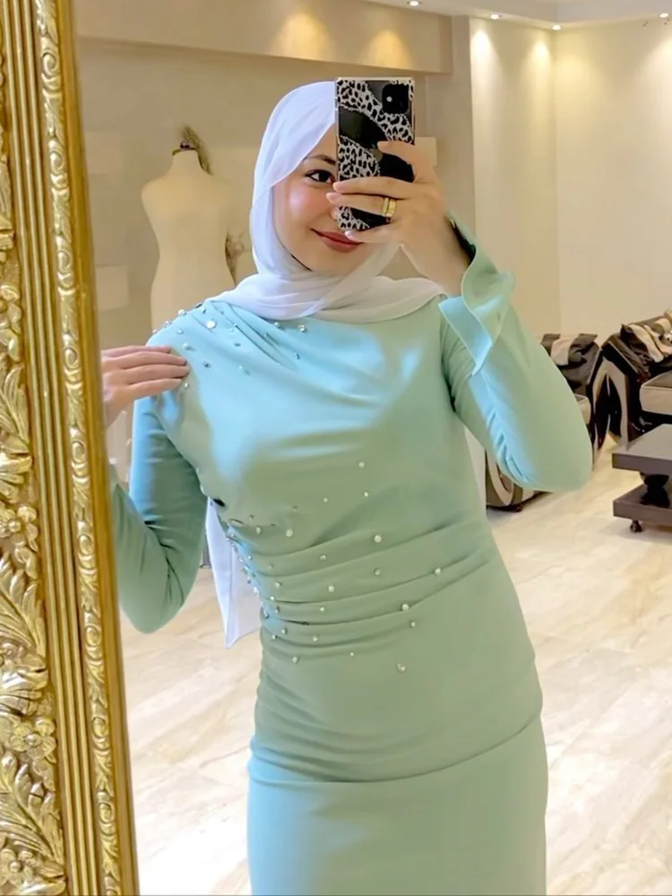 Jirocum Mermaid Muslim Prom Dress Women's Long Sleeve Party Evening Gown Round Neck Ankle Satin 2024 New Formal Occasion Dresses