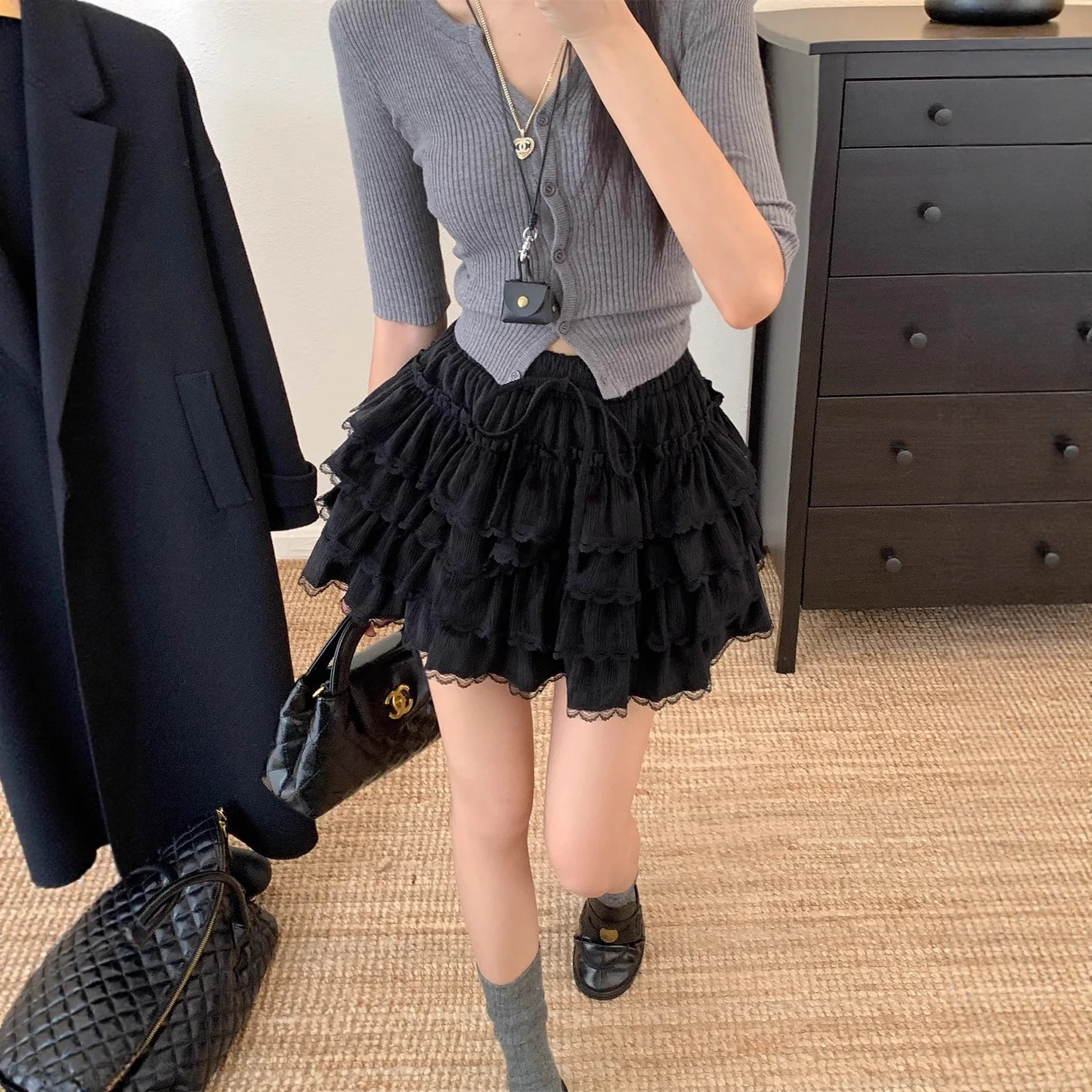 Ballet Style High Waist Lace Trim Half Skirt Women Loose Slimming Short Cake Skirt Elegant Commute Pure Color Polyester Fiber