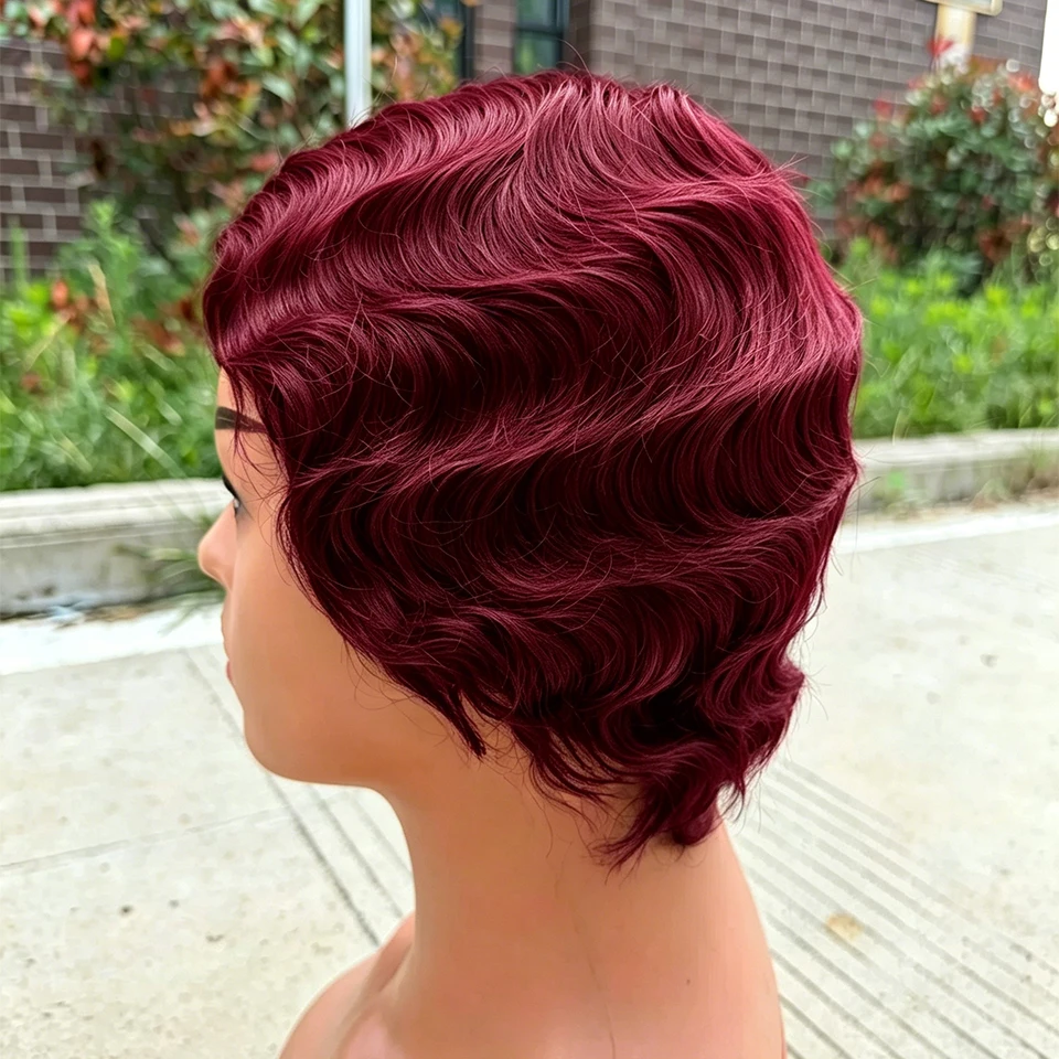 Upermall Full Machine Wig Finger Wave Wig Non Lace Human Hair Short Wigs Color 99J /27/4