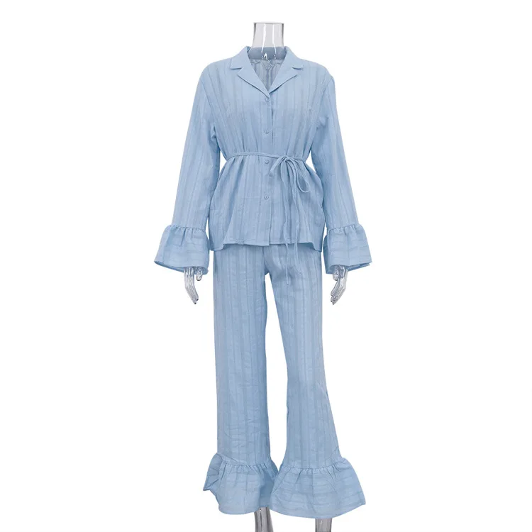 

Iridesse ruffled lace-up shirt, trousers 2pcs set, cotton lapel, long-sleeved, casual, lazy suit, for women