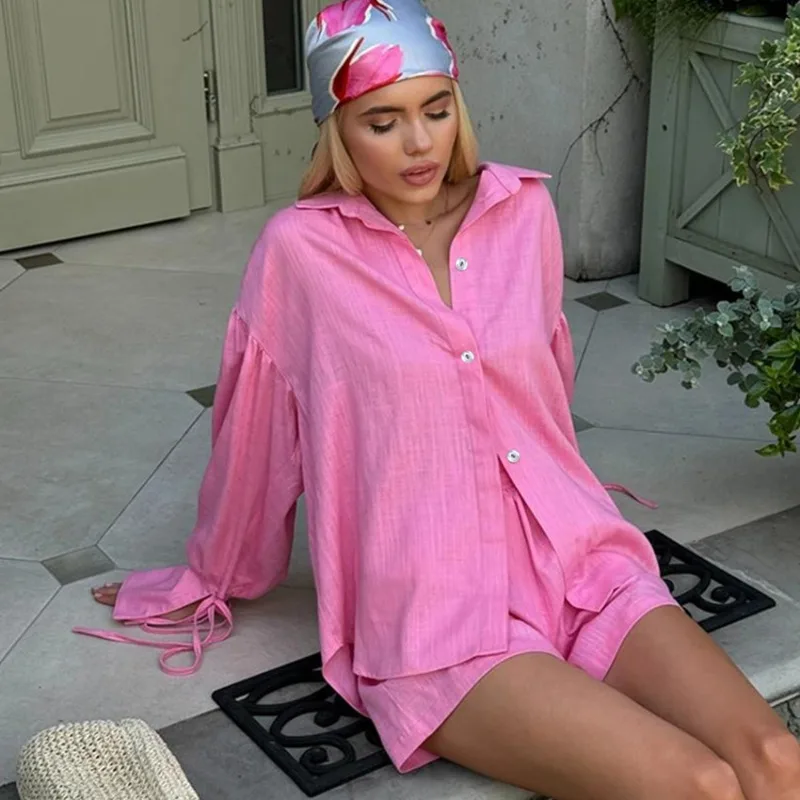 Fata da donna Primavera Autunno Top Camicia Abito Manica lunga Pantaloncini Manica svasata Risvolto Cravatta Bottone Tinta unita Casual Semplice Morbido Nuovo