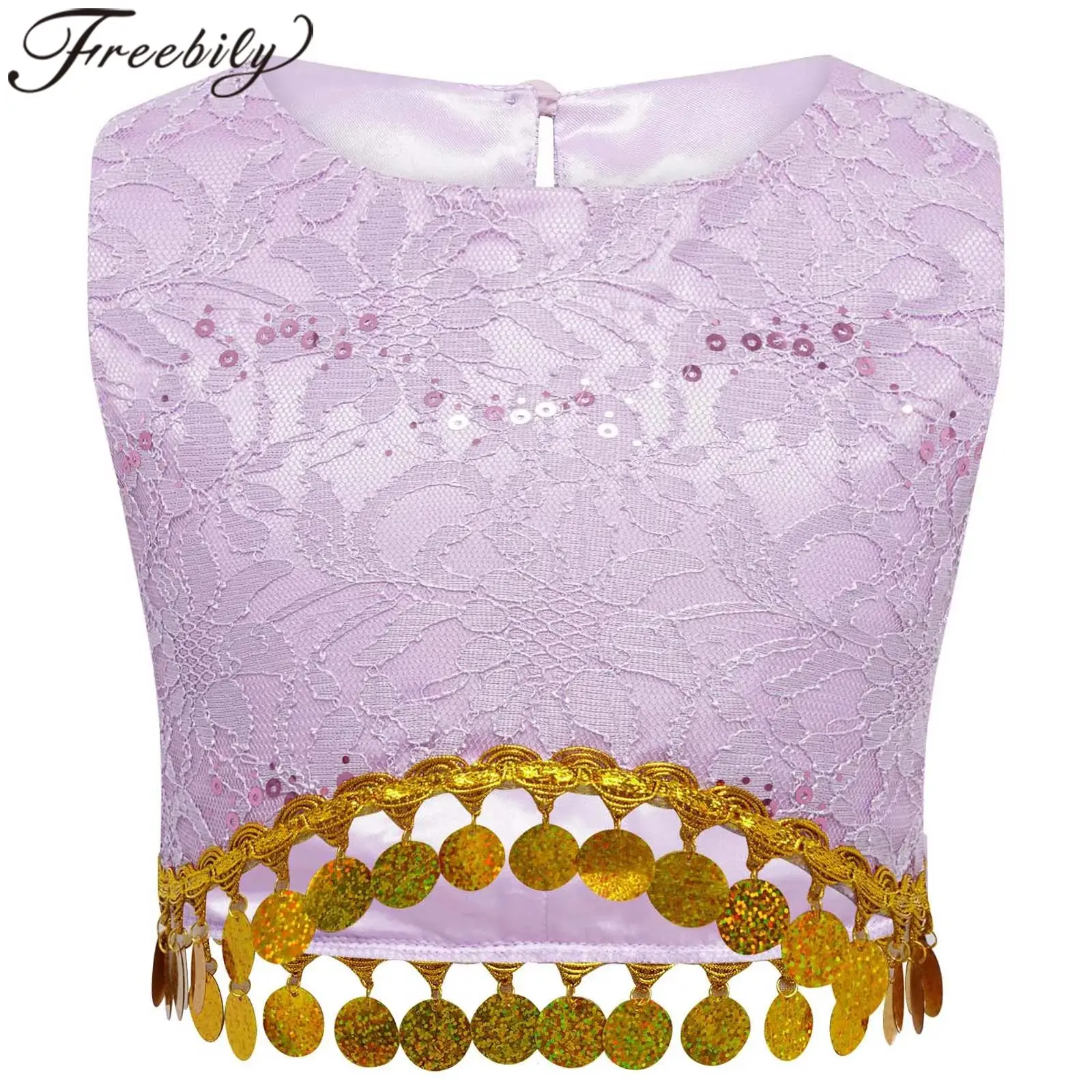 

Girls Sleeveless Vests Dancewear Kids Belly Dance Tops Childs Sequins Tassels Lace Crop Top Indian Ethnic Choli Dancing Costume