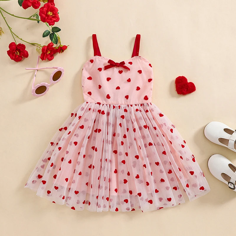 Sleeveless Backless Newborn Baby Kid Girl Heart Print Summer Princess Dress Party Casual Baby Girl Dress Valentine's Day Dresses