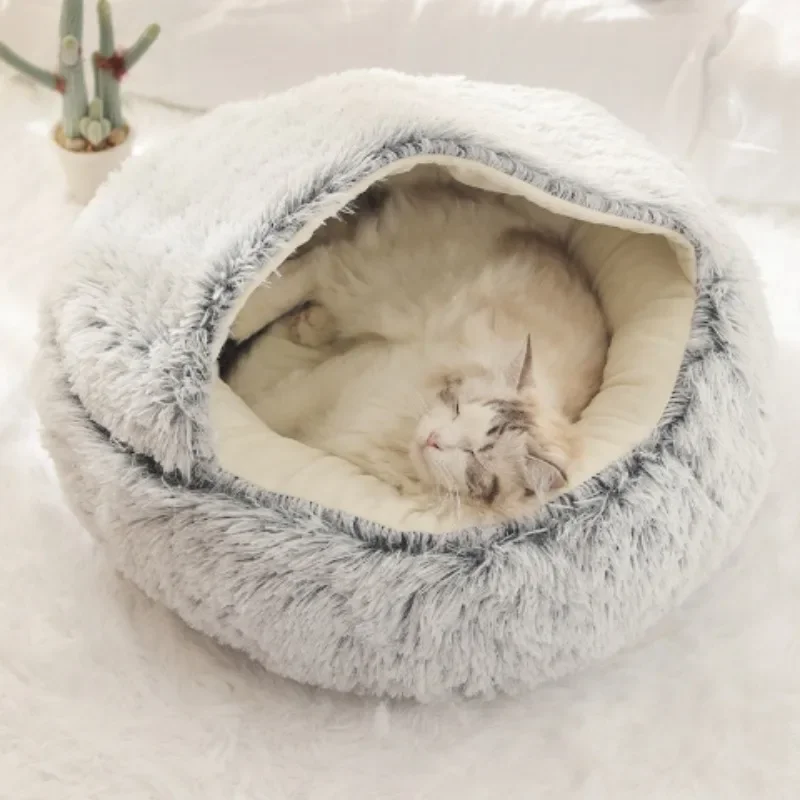 Round Plush Cat Bed Semi Enclosed Pet Sleep Nest Cat Dog Stuffed Cushion Puppy Kitten Warm Soft Mat Pet Accessories Dog Supplies