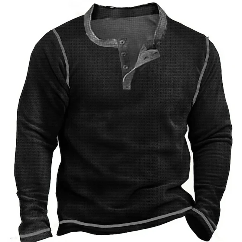 Vintage Men's Henley Shirt, Solid-Color Long-Sleeve T-Shirt Relaxed-Fit Sports T-Shirt Casual Long-Sleeve Top Men's Clothing