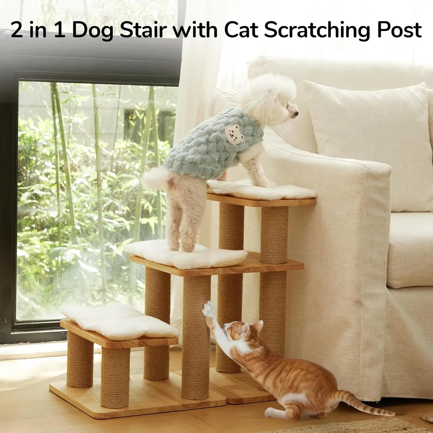 Dog Stairs, Solid Wood Pet Stairs with Cat Scratching Post, Transformable Cat Ramp Can Hold Up to 200 lbs, 20 Inch Pet Steps for view 2