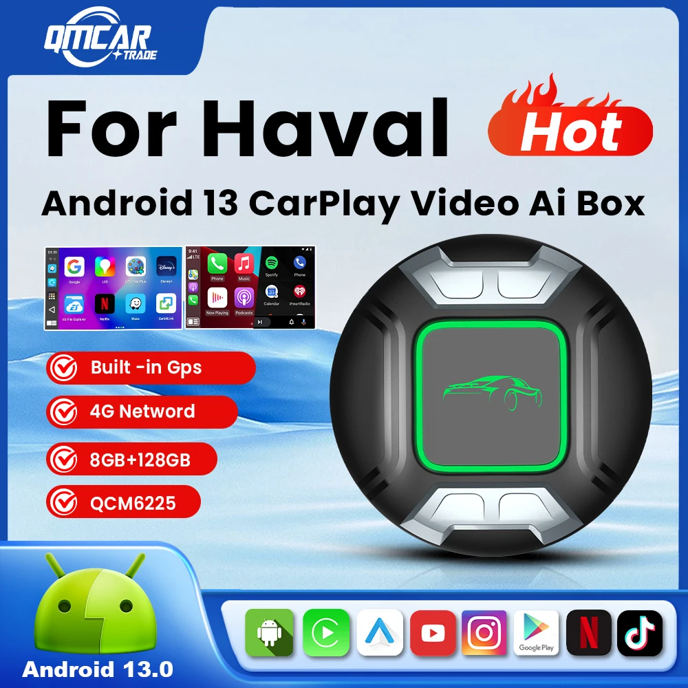 Android 13 CarPlay Wireless Android Auto Video Ai Box 8 GB + 128 GB Integrierter Play Store für