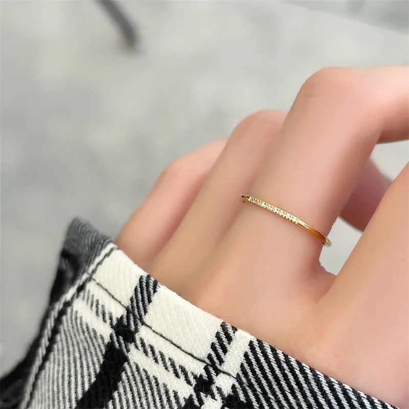 High End PVD Gold Plated Simple Thin Rings With Sparkling Cubic Zircon Stainless Steel Rings Woman Fashion Waterproof Jewelry