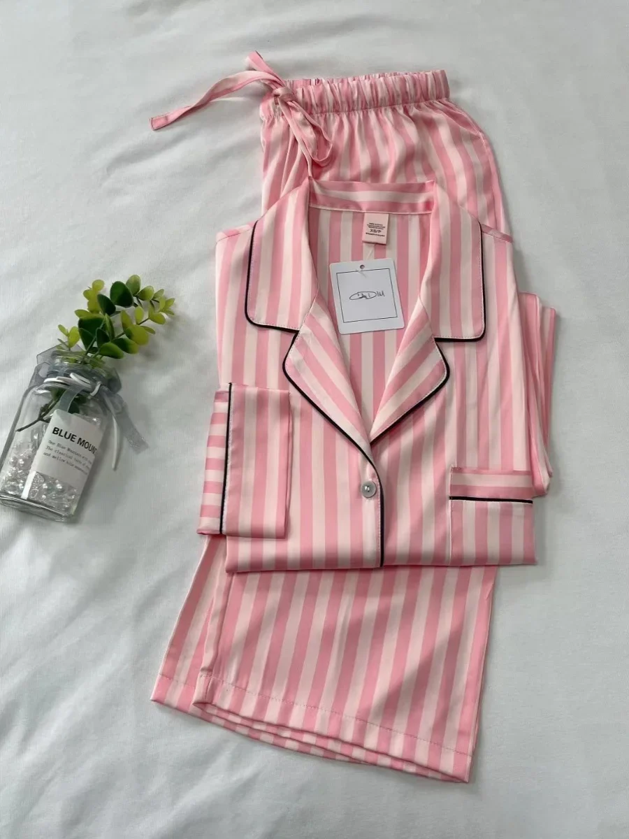 Victoria-pijama de seda a rayas para mujer, traje de pijama grueso de manga larga, ropa fina a la moda para el hogar, color rosa, otoño e invierno, novedad