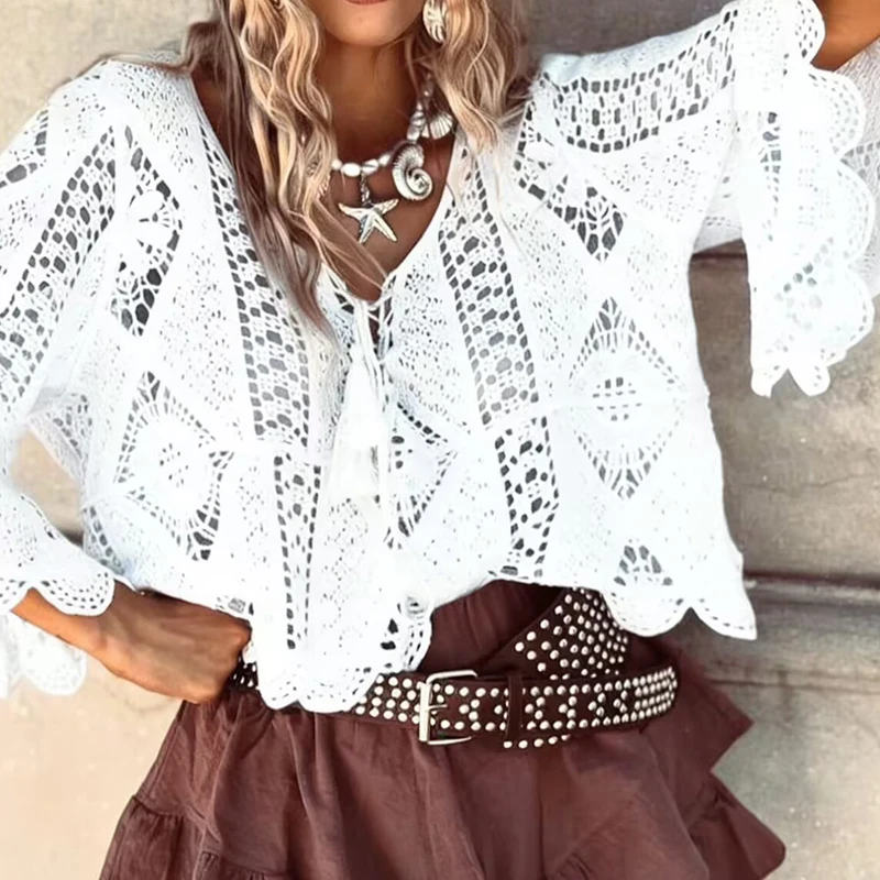 

Fashion Women's V-neck Lace Up Hollow Blouses Sexy Flared Sleeves Color Beach T-shirt Spring Summer Loose Knitted Top Tees