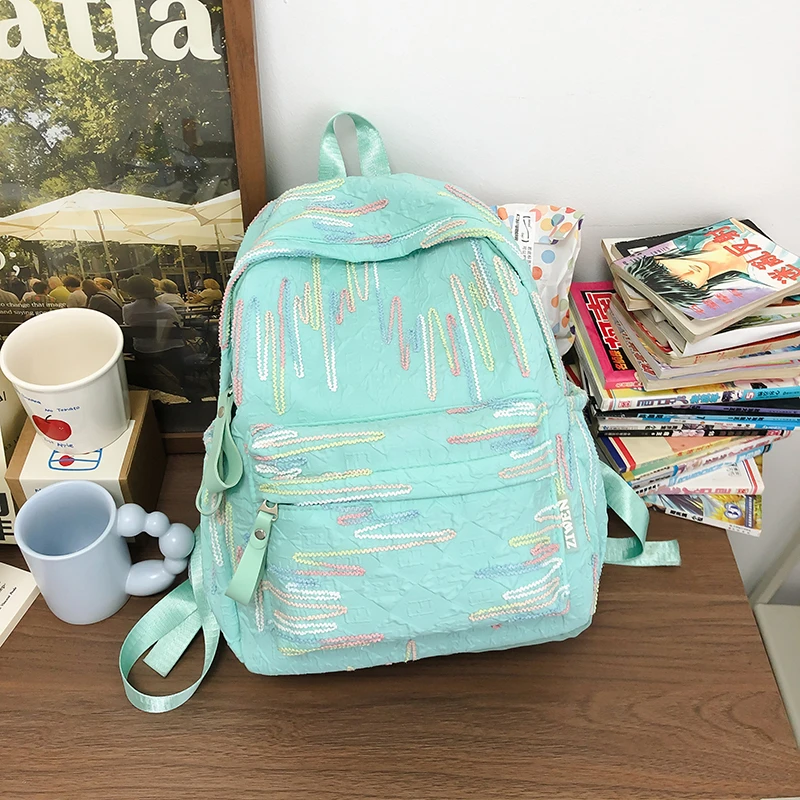 Nylon Fabric Zipper Tassel Backpack Embroider Waterproof Preppy Student Bag Fashion Fallow All-match Cute Satchel Mochila Bolsa