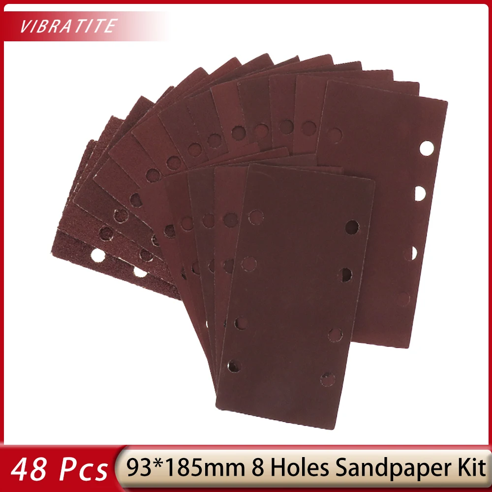 

48 Pcs 93 x 185 mm 8 Holes Sandpaper Set 40/60/80/120/180/240/320/400 Grit Various Accessories Materials for Orbital Sander