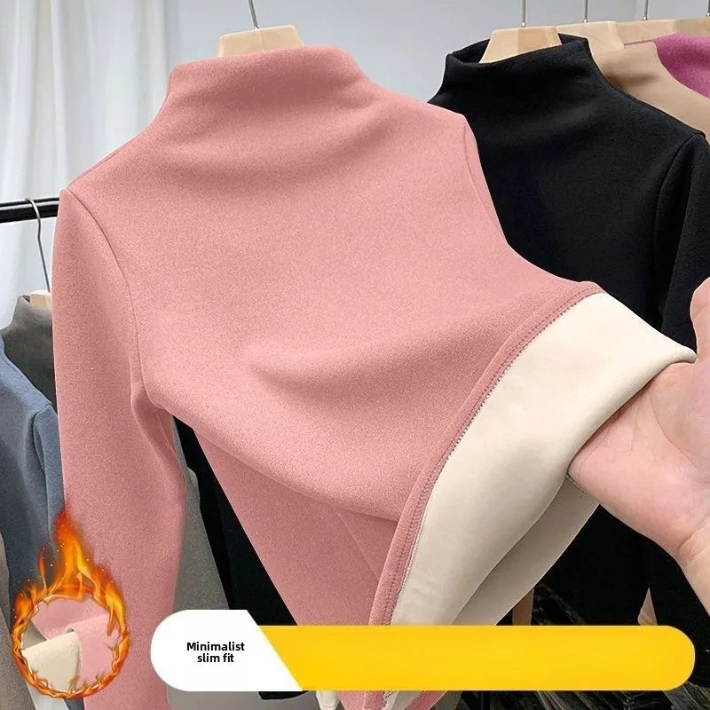 النساء ملابس اخلية حرارية الشتاء نصف الياقة العالية أسفل قميص الصلبة شبه عالية طوق كم طويل الأساسية تي شيرت التدفئة البلوفرات