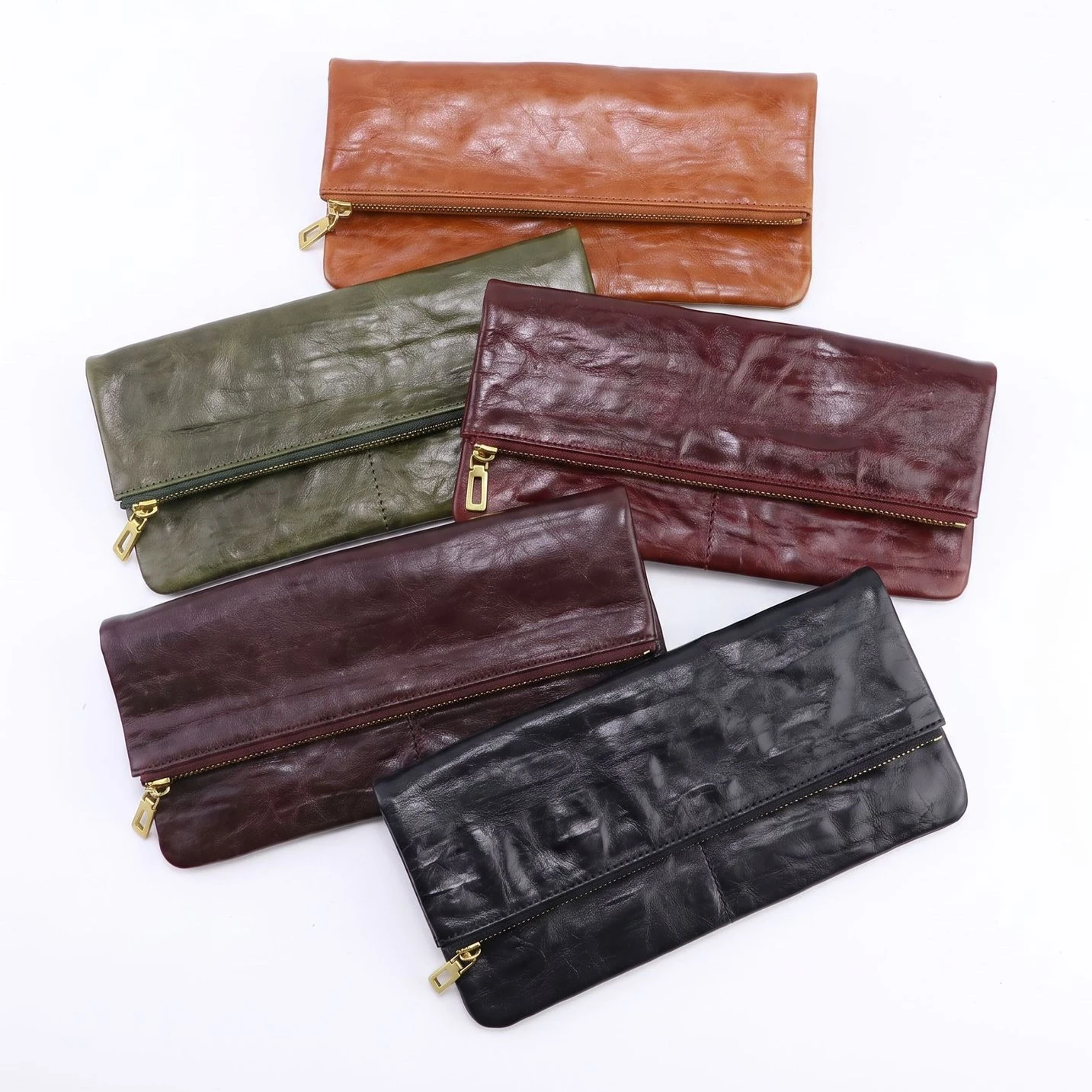 Foldable Envelope‑Style Cowhide Purse, Retro zipper Pockets Large‑Capacity Wallets for Cash Multi‑slots Card & Coin Wallet