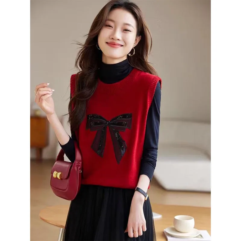 

Женская одежда, модный универсальный свитер с красным бантом, жилет, осень-зима, новый повседневный свободный пуловер без рукавов с круглым вырезом, женские топы Y2k