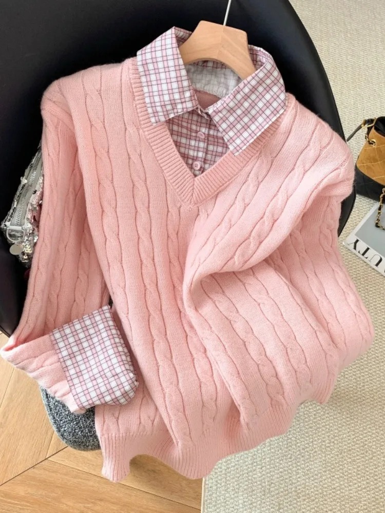 Koreaanse College Sle Twisted Knit Sweater Kraag Nep Tweedelige Dames Herfst Winter Zoete Roze Geruite Patchwork Top