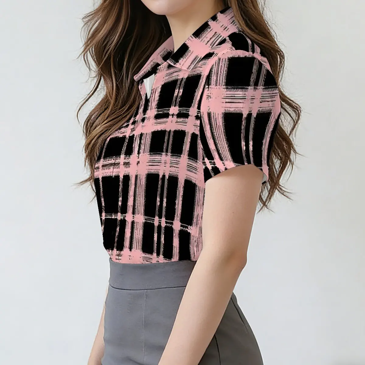 Women's Short-Sleeve Shirt, Black and Pink Plaid, Retro and Eye-Catching, with Summer Street Art Vibe, Suitable for Daily Commut